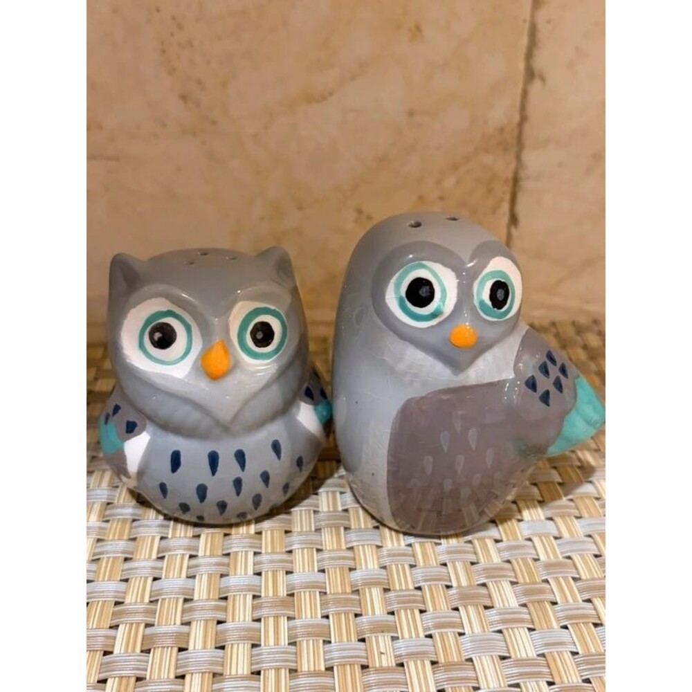 Artsy Grey Owl Salt & Pepper Shaker Set Ceramic Woodland
